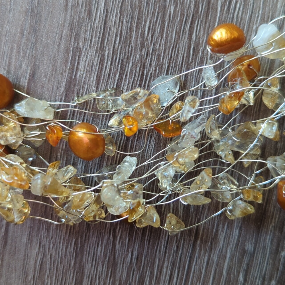 Statement Citrine and Pearl silver thick collar choker necklace adjustable - Picture 5 of 7